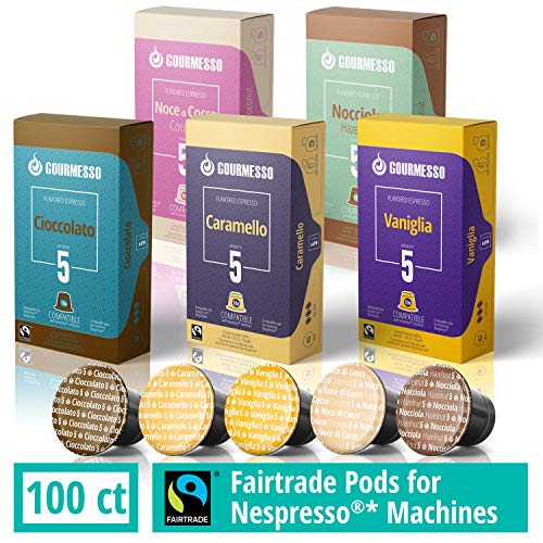 Gourmesso Flavor Bundle - 100 Coffee Capsules Compatible with Nespresso Machines - 100% Fair Trade | Includes Vanilla, Caramel, Chocolate, Hazelnut, and Coconut Flavored Espresso Pods