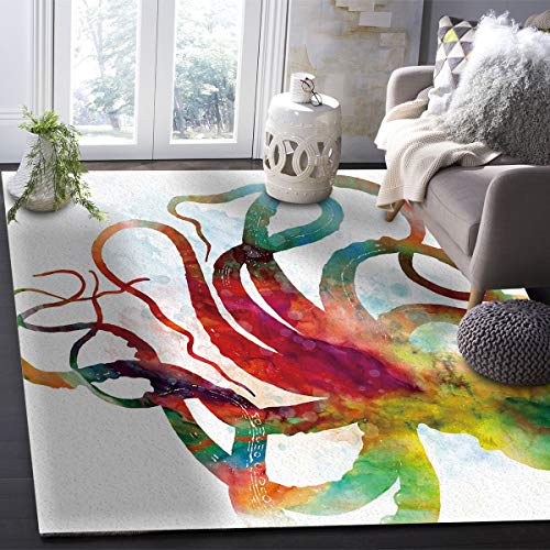 Libaoge Area Rugs 2'x3' Anti-Skid Carpet Runner with Rubber Backing Multi-Color Rug for Bedroom Playroom/Tile Hardwood Floors, Washable Area Rugs- Colorful Abstract Kraken Octopus Mythical Monster
