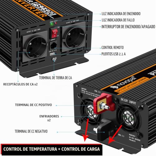 NOVOPAL 2500W Inverter 12V 220v Pure Wave Voltage Converter | 5M Remote Control, 5V 2.4A USB Port, 2 AC Outlets for Car, Truck, Caravan