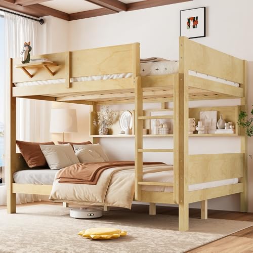 KEIKI Queen Over Queen Size Wooden Bunk Bed Frame with Convenient Tray & Built-…