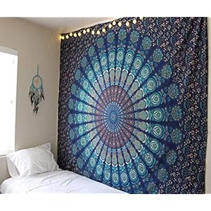 raajsee Large Blue Floral Mandala Tapestry Wall Hanging,Indian Cotton Beach Throw Blanket Hippie Bohemian Elephant Queen Bedding, Dorm Decor Boho Meditation Yoga Mat Rugs,A 210x220cm