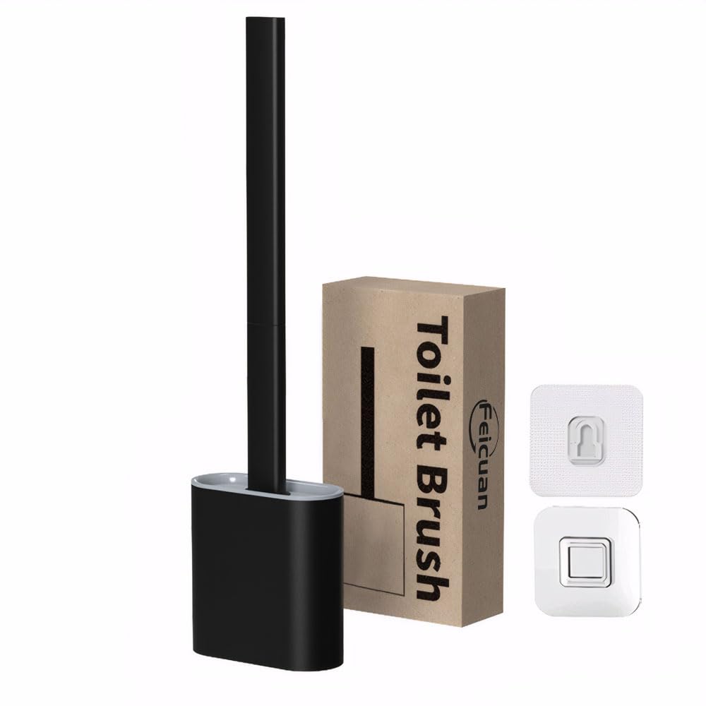 Feicuan Toilet Brush with Holder - Silicone Toilet Brush Flooring/Wall Mounted Detachable Rubber Flexible Bristles Long Plastic Handle Deep Cleaner Anti-drip Quick Drying for Toilet Bathroom, Black