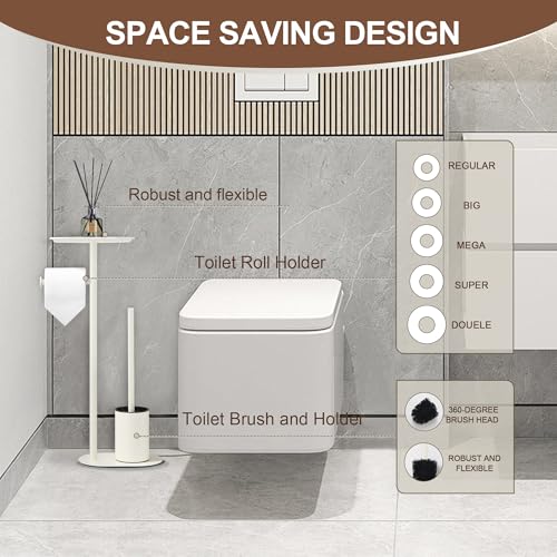 BGL White Stainless Steel Freestanding Toilet Brush Set - Toilet Brush and Toilet Brush with Toilet Paper Holder, 3 in 1 Set with Shelf, Modern Design