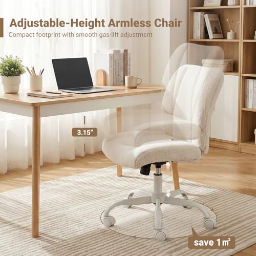KRAMZMING Vanity Chair with Wheels, Cute Desk Chair with Back, Armless Office Chair Height Adjustable, Soft Lumbar Support for Small Space, Bedroom, Make-up Room（White）