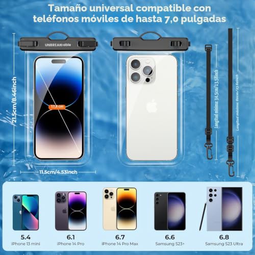 UNBREAKcable Waterproof Mobile Phone Case [2 Pack], IPX8 Aquatic Case with Adjustable Cord for iPhone 17/16/15/14/13/12 Air/Pro Max, Samsung S25 S24 S23 Ultra, Huawei and Other Phones up to 7 Inches - Black