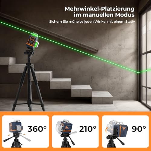 CIGMAN Cross Line Laser with Tripod, 3 x 360 Degrees, Green, Self-Levelling Laser Spirit Level with 1.5 m Aluminium Construction Tripod, Construction Laser Cross Laser Line Laser up to 30 Hours with Lithium Battery, CM701T