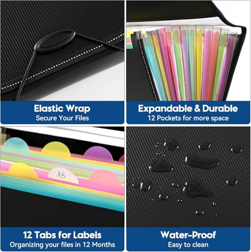 13 Pockets File Organiser, Accordion Expanding File Folder, Document Organiser with 12 Tabs, Folders for Paperwork A4 for Home, Office, and School, Black