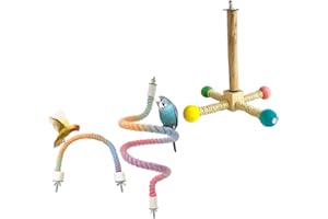 NOPIKKU Colorful Bird Perch Set with Spinning Wooden Stand for Small Medium Birds Rotating Perch Bendable Rope Perches Cage Accessories for Parakeets Lovebirds Conures Cockatiels Easy Setup