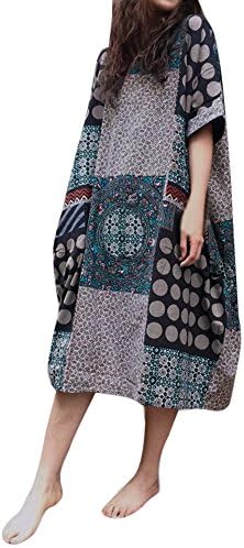 KIMODO Women Cotton Linen Loose 3/4 Sleeve Pocket Long Bohe Dress Floral Kaftan