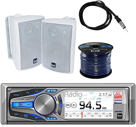 Dual Mechless AM/FM, MP3 Bluetooth Receiver iPod/iPhone Control with Dual 100W 3-way White In/Outdoor Box Speakers Pair, Enrock Audio Marine Grade Spool of 50' 16G Speaker Wire &amp; Enrock Marine Antenna