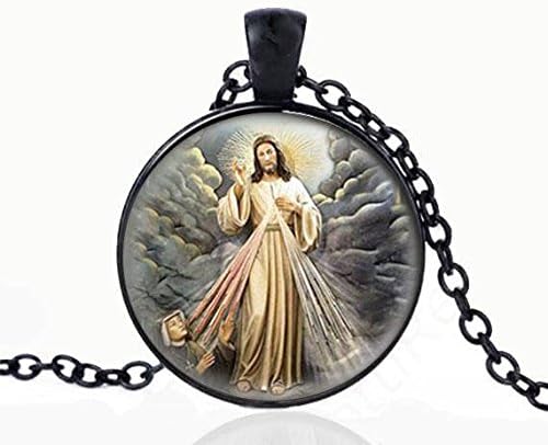 Divine Mercy Religious Necklace Jesus Catholic Pendant Black Medal Chain Necklace.