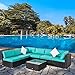 Peach Tree Outdoor Furniture Sectional Wicker Sofa Set 7 PCs Patio Rattan, All-Weather Washable Tiffany Blue Cushioned, w/Glass Coffee Table, Backyard, Pool