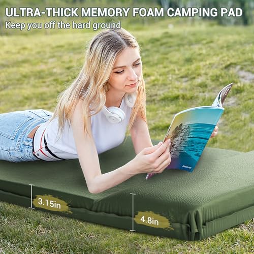 Elegear Colchoneta Camping Inflable Individual 8CM Espesor Extra, Verde | Espuma Memoria Colchón Autohinchable con Almohada, Impermeable & Plegable para Acampar Tienda Viaje en Coche Hogar