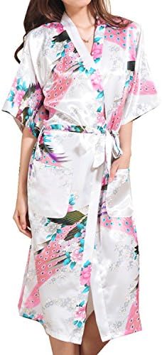 Women's Kimono Robe Long - Silk Peacock Blossoms - White/XXL