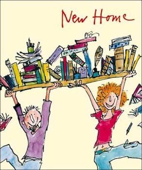 Quentin Blake Funny New Home Greeting Card (297571) - Couple Holding a Book Shelf, green|red|peach|brown, 156mm x 186mm