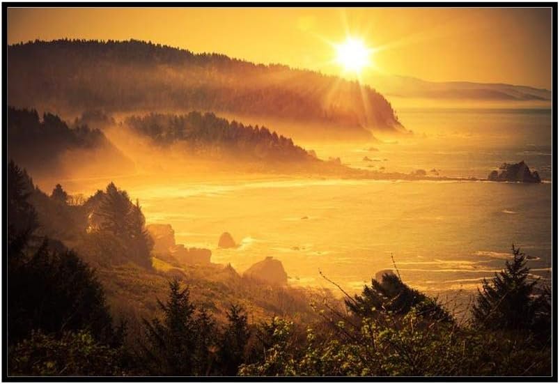 Golden California Coastal Sunset with Misty Fog 9016032 (36x24 Framed Gallery Wrapped Stretched Canvas)