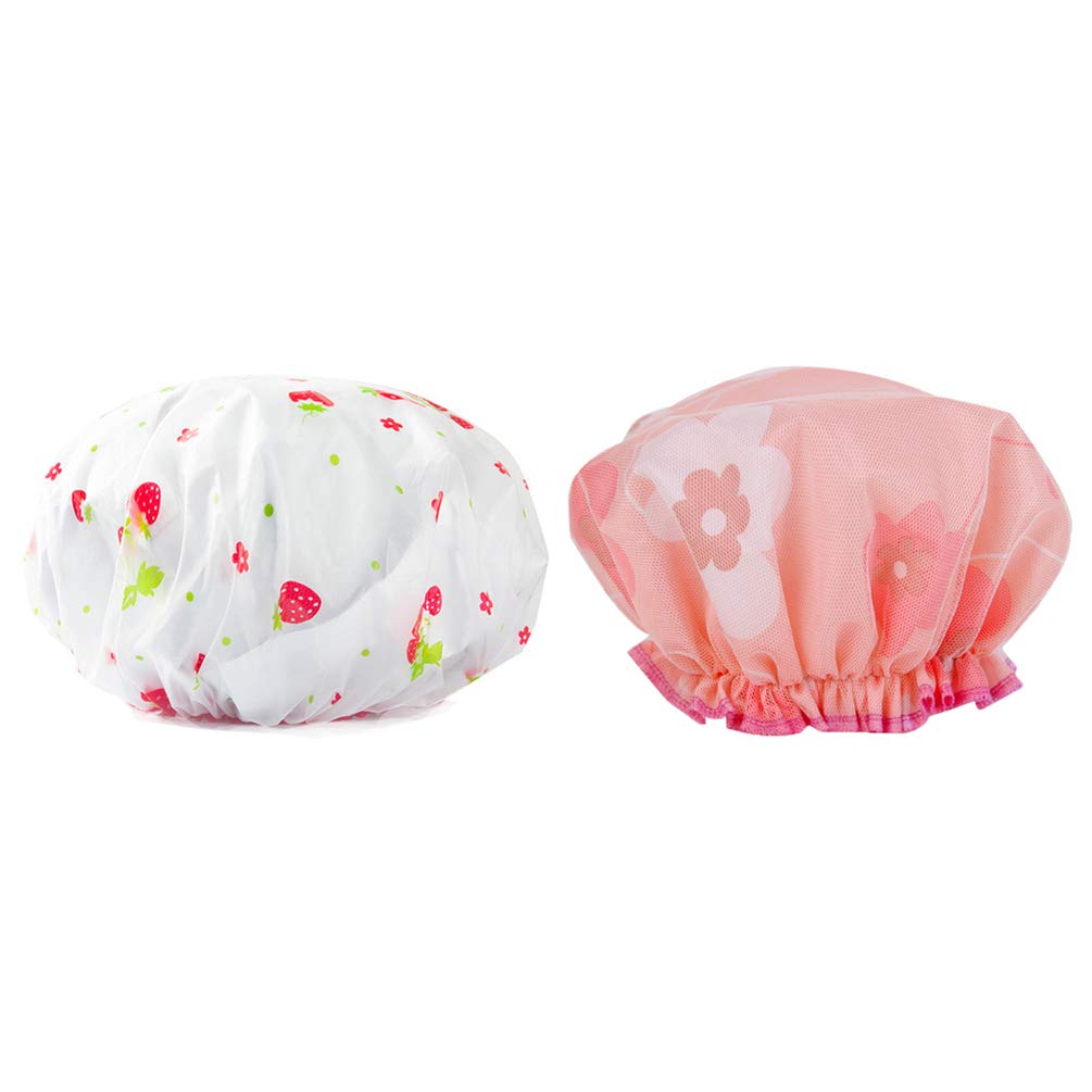 Beaupretty 2pcs Waterproof Shower Caps Reusable Elastic Shower Hats Bouffant Caps for Bath Shower SPA Makeup (Flower Strawberry)