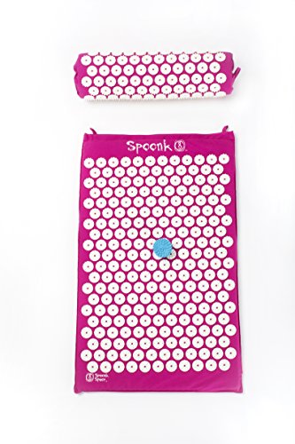 Spoonk sleep induction and back pain relief 3 item set acupressure mat, 1 ball 1 regular size mat in bag and 1 travel size mat (can roll for neck massage) filled with Eco foam USA made by Spoonk Space