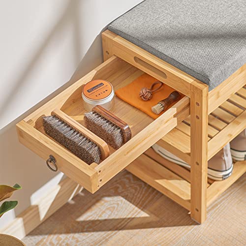SoBuy Shoe Rack Bamboo Shoe Bench with Seat Cushion, 2-Tier Wooden Shoe Cabinet Organizer with Storage Drawer and Lift Up Top for Hallway and Bedroom, Natural, 55x30x46cm, FSR49-N