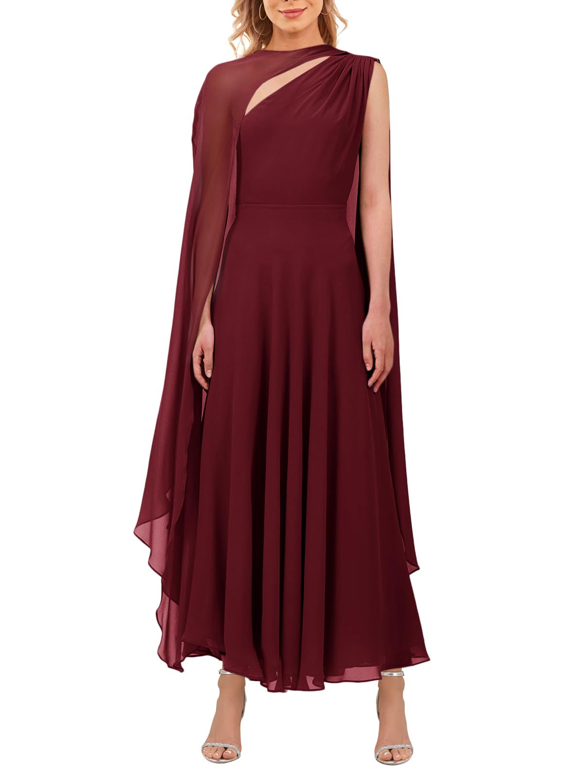 Photo 1 of Aisbei Women's Elegant One Shoulder Dress Cape Sleeve A-Line Flowy Dress Mesh Evening Gowns Party Wedding Formal Maxi Dresses-Wine Red XL