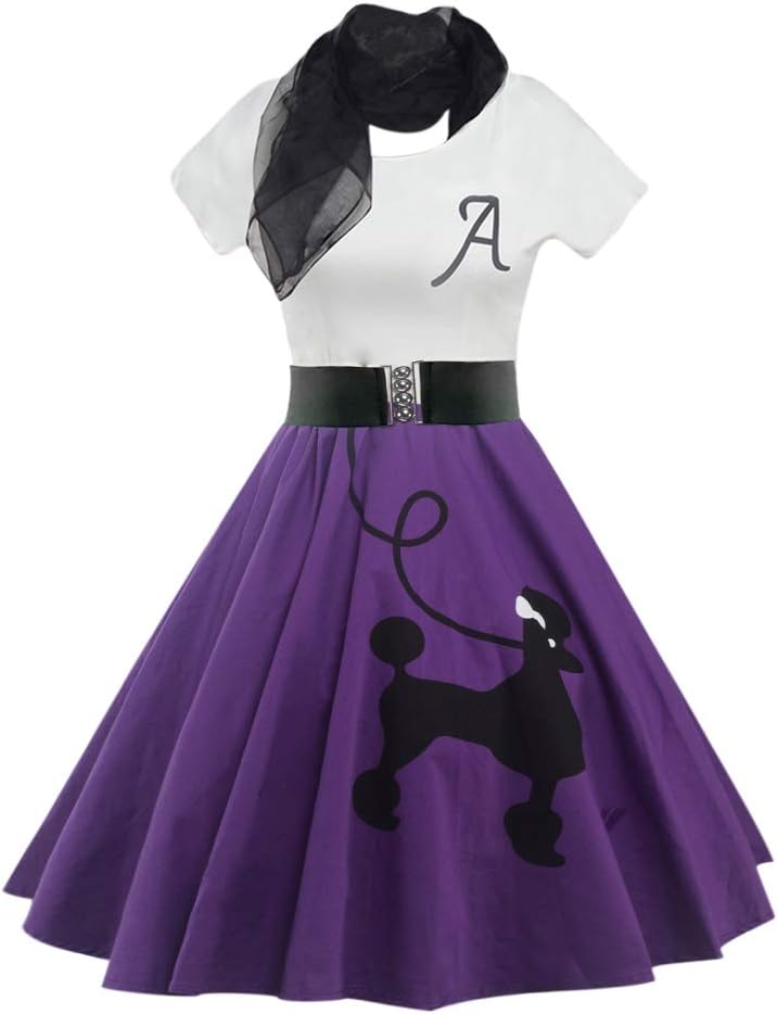 ZEZCLOWomen's Retro Poodle Print Skater Dress Vintage High Waist Rockabilly Swing Tee Cocktail Party Dresses