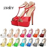 ZriEy Women's Sexy Peep Toe High Heel T-Strap Platform Sandals Leather Patent Leather Patent
