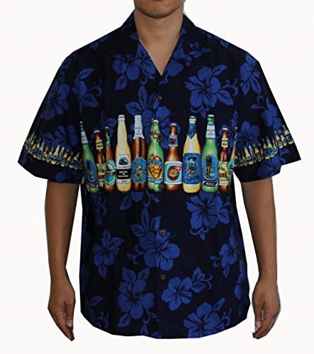 ALOHAWEARSHawaiian Men's Island Beers Shirt, 3XL, Navy Blue