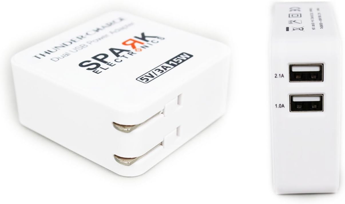 FCC, CE, RoHS Certification Approved - Dual USB Port Power Adapter Thunder Charger 5V/3A & 15W Automatic AC 100-240V Wall Home Travel Adapter by Spark Electronics