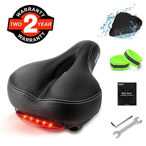 IPSXP Bike Seat, Memory Foam Leather Bicycle Saddle Cushion with Taillight, Breathable, Comfortable Bike Saddle with Installation Tools, Waterproof Cover and 2 Reflective Bands