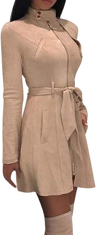 Fashion Solid Turtleneck Zipper Bow Bandage Windbreaker Long Coat Overcoat Women