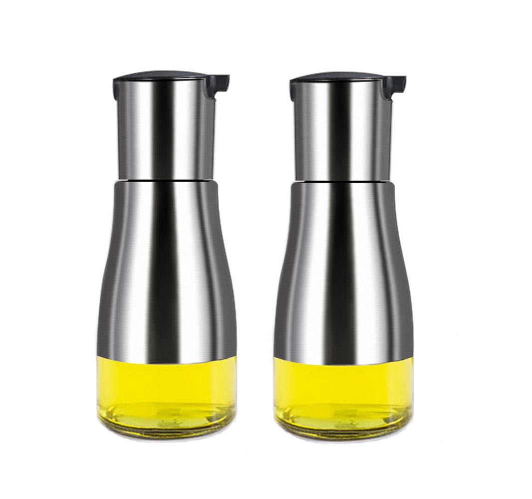 MHTECH Olive Oil and Vinegar Dispenser Bottle Set, Stainless Steel Transparent Glass Oil Bottle (Silver white-320ml)
