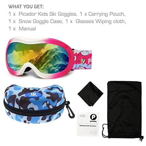 PP PICADOR Kids Ski Goggles, Kid Snow Snowboard Goggles for Boys Girls 4-7 with Over Glasses OTG Design Anti-Fog Lens 100% UV Protection Helmet Compatible(Gradual Pink)