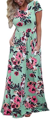 Lanremon Women's Floral Print Rose Maxi Retro Bohemian Long Dress Summer 3/4 Sleeve Round Neck Pocket Pleated Robe