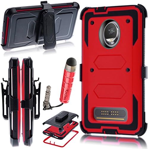 Heavy Duty Shockproof Case for Moto Z2 Play/Moto Z2 Force Edition 2017,[Kickstand][Belt Swivel Clip] Dual-Layer Full-Body Armor Rugged Protection with Built-in Screen Protector(Free Stylus) (Red)