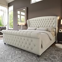 AMERLIFE California King Size Platform Bed Frame, Velvet Upholstered Sleigh Bed with Scroll Wingback Headboard & Footboard/Button Tufted/No Box Spring Required/Cream
