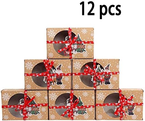 12 or 24 pcs Kraft Paper Christmas Gift Boxes with Clear Window New Year Favors Boxes for Cookies Treats (Color : Style A 12pcs)