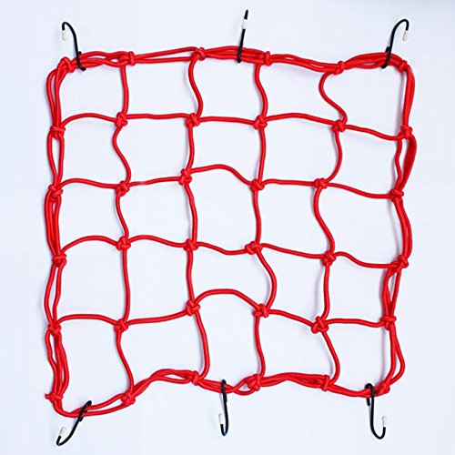 1x Red Bungee Cord Rope Netting w/ Secure Hooks for Tying Down Luggage and Cargo to Bikes Motorcycles ATVs Wheel Carts Etc (13.78x13.78") - Thumbnail 2