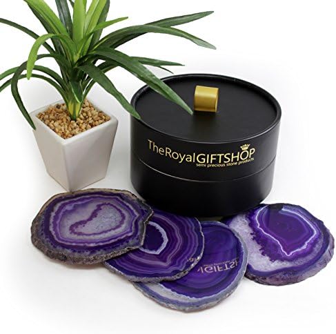 4"-5" Extra Quality Brazilian Agate Drink Coasters Set of 4 with Deluxe Gift and Storage Box. Includes Protective Rubber Bumpers and Certified Agate Information Card. - Purple