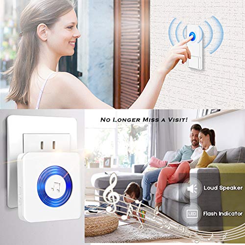 Coolqiya Wireless Doorbells Chimes Kit for Home with 2 Remote Door Bell Buttons Waterproof and 2 Plug in Receivers, No Battery Required for Receiver 52 Ringtones, White - Thumbnail 4