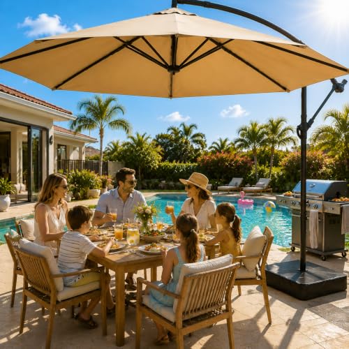 Meulbaty Patio Umbrella with Base Included, 10FT Large Cantilever Offset Patio Umbrellas Outdoor Umbrellas Shade Umbrella with Stand - UV Protection, Easy Tilt & 360° Rotation for Pool, Deck, Porch, Yard