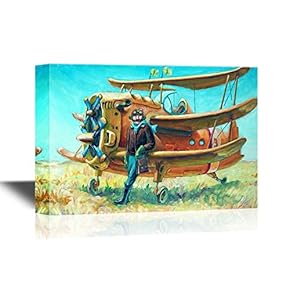 Canvas Wall Art - The Pilot and His Fantastic Two Propeller Retro Airplane - Gallery Wrap Modern Home Art | Ready to Hang - 12x18 inches