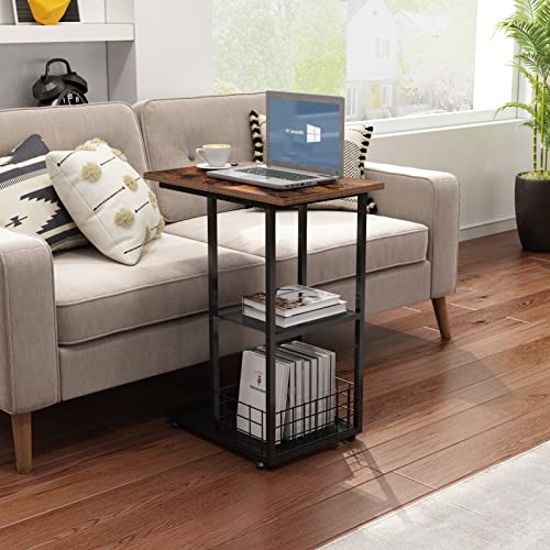 NONGSHIM C Shaped Snack Side Table with Storage Basket, Small Sofa