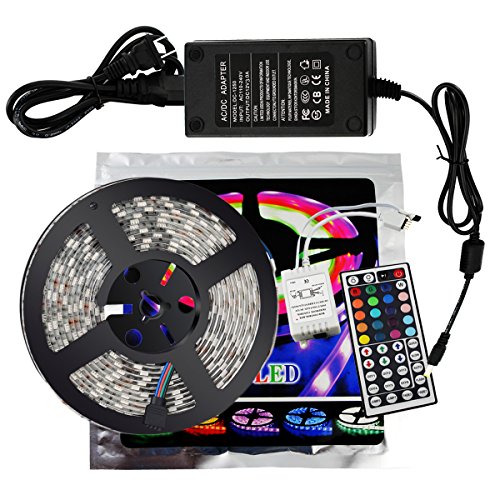 xtf2015 Led Strip Lighting 5Meter 16.4ft Waterproof Flexible Color Changing RGB SMD5050 150 LEDs Light Strip Kit + 44 Key Remote Controller + 12V 3A Power Supply