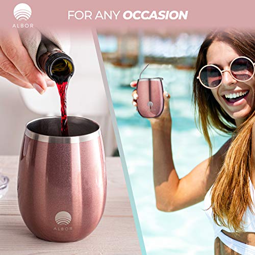 Albor Triple Insulated Wine Tumblers with Lids and Straws Rose Gold Wine Tumbler Set (12 Oz, 4 Pack)