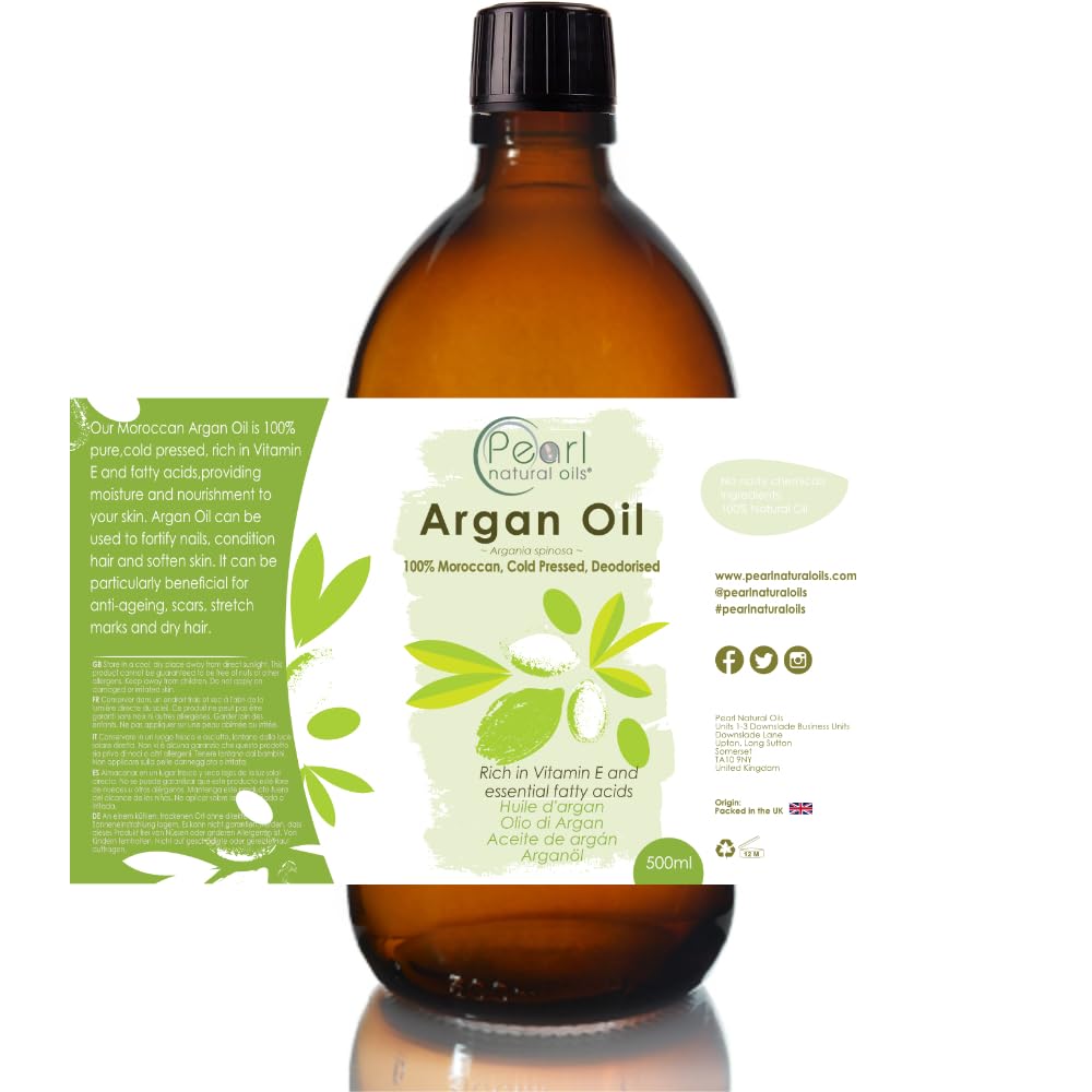 Pearl Natural Oils Moroccan Argan Oil 500ml Pure & Natural, Anti-Ageing, Antioxidant, Vegan, Hexane Free, No GMO