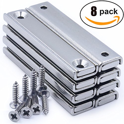 Strong Neodymium Rectangular Pot Magnets with Counter Bore, Countersunk Hole Magnets with Mounting Screws - 60x13.5x5mm, Pack of 8