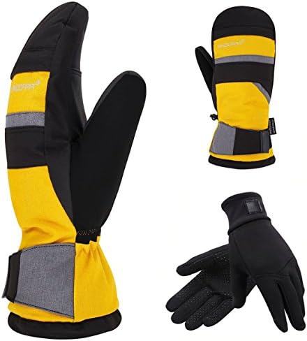 2-in-1 Touch Screen Winter Ski Mitts + Liner Gloves, 3M Thinsulate, Hidden Pocket, Yellow, S/M
