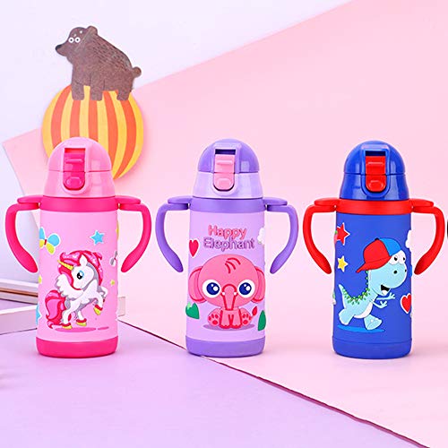 Kids Water Bottle With Straw Dinosaur Thermoses Stainless Steel Insulated Vacuum Cup BPA Free Spillproof Thermal Water Cup For Boys School Lunch - With Handle And Shoulder Strap -12oz, Blue - Thumbnail 6
