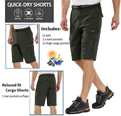 Men's cargo shorts with multiple pockets, quick-dry fabric, and zipper closure.