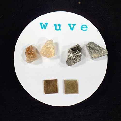 Gemstone Stud Earrings - Citrine, Pyrite and Brass Squares - Raw Gemstone Earring Trio - Rough Gems - Post Earrings - Natural Jewelry